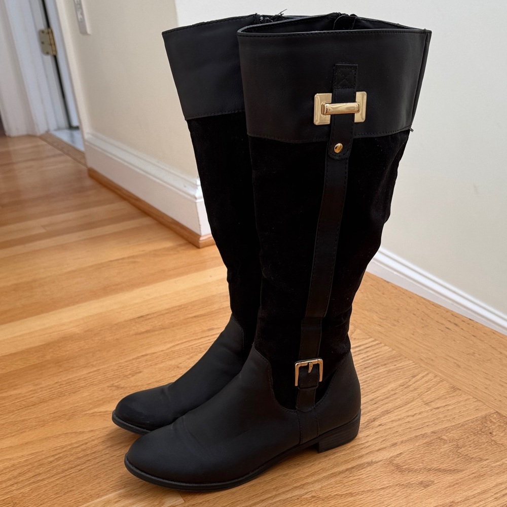 KS Brand Elegant Black Knee-High Women's Boots With Gold Hardware